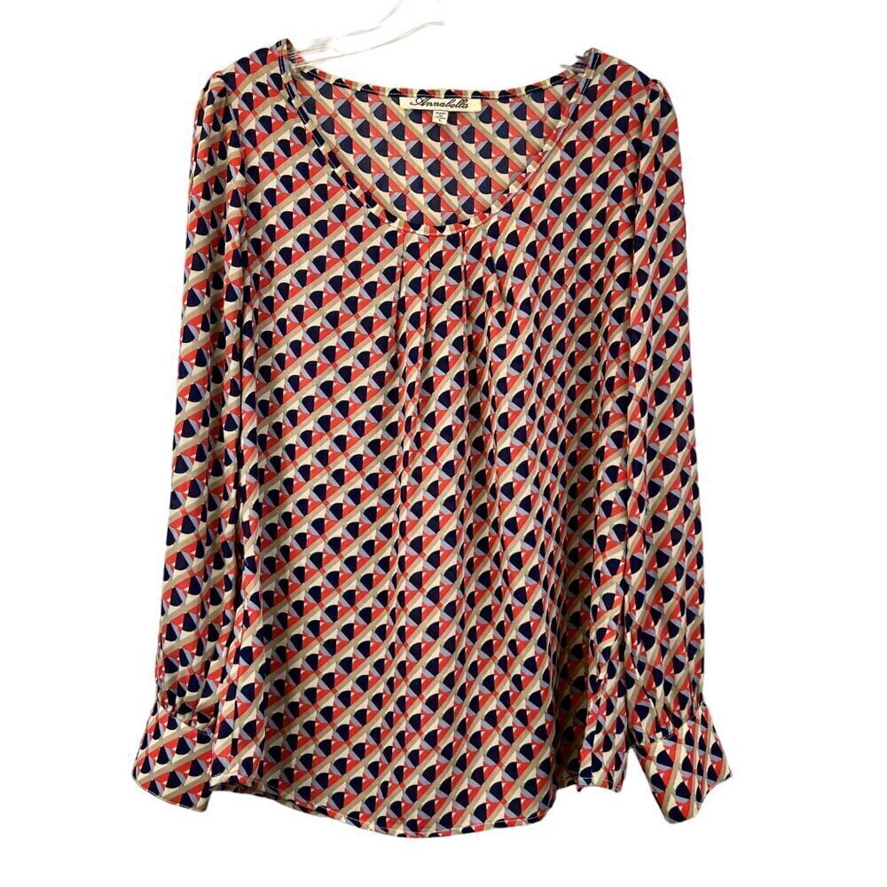 Annabella Womens Round Neck Pullover Blouse Long Sleeve Multicolor Geometric L